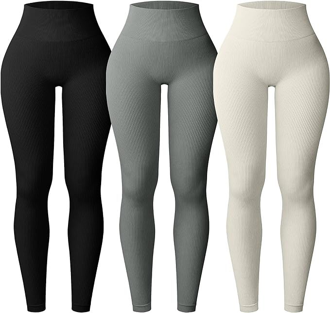 OVESPORT 3 Piece Ribbed Seamless Leggings for Women High Waist Workout Gym Athletic Yoga Pants | Amazon (US)