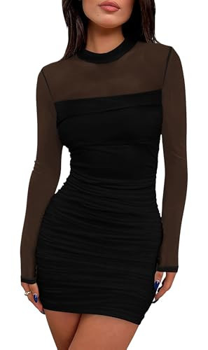 WIHOLL Womens Mesh Sheer Long Sleeve Ruched Mini Dress Sexy Bodycon Little Short Mock Neck Teacher Birthday Dinner Cocktail Holiday Party Club Fall Dresses for Women 2025 Black XS | Amazon (US)