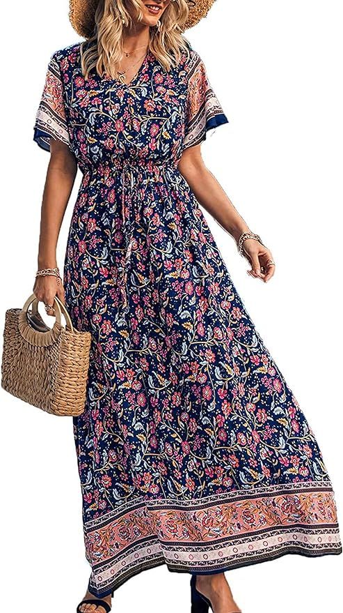 PRETTYGARDEN Womens Floral Casual Summer V Neck Short Sleeve High Waist Long Maxi Boho Dresses | Amazon (US)