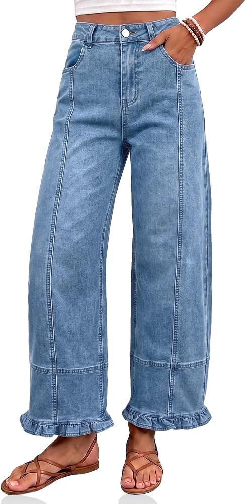 Cicy Bell Womens High Waisted Wide Leg Jeans Ruffle Hem Front Seam Jeans | Amazon (US)