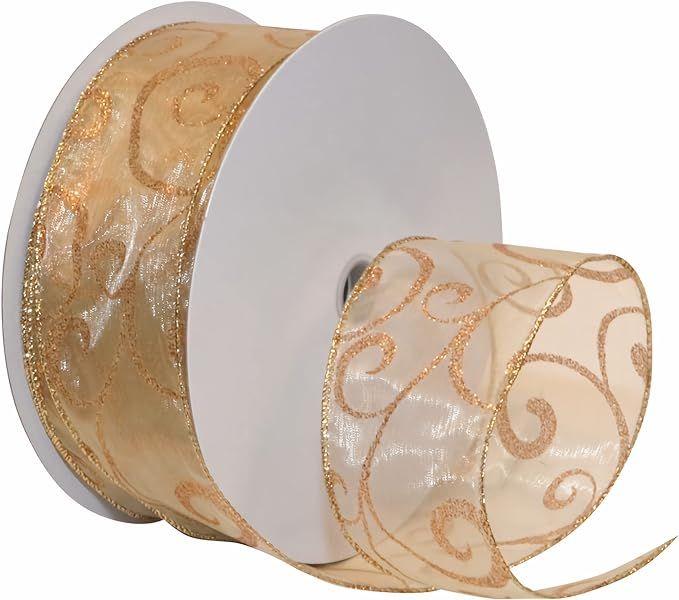 Morex Ribbon 7416.60/50-623 Swirl 2.5" X 50 YD Nylon Sheer Curling Wired Glitter Ribbon, Gold/Bro... | Amazon (US)