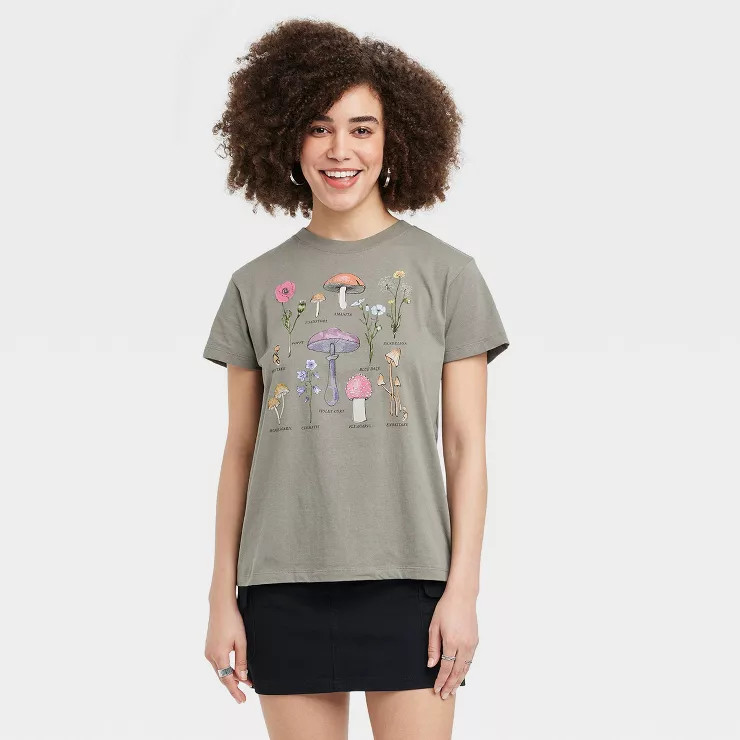 Women's Floral Mushroom Short Sleeve Graphic T-Shirt - Olive Green | Target