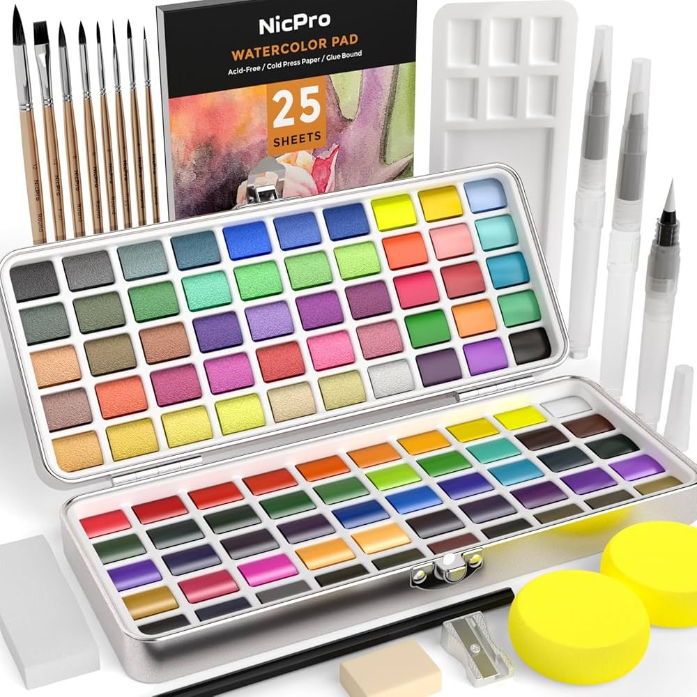Nicpro 100 Colors Watercolor Paint Set include Metallic Macaron & Fluorescent, 8 Squirrel Paintin... | Amazon (US)