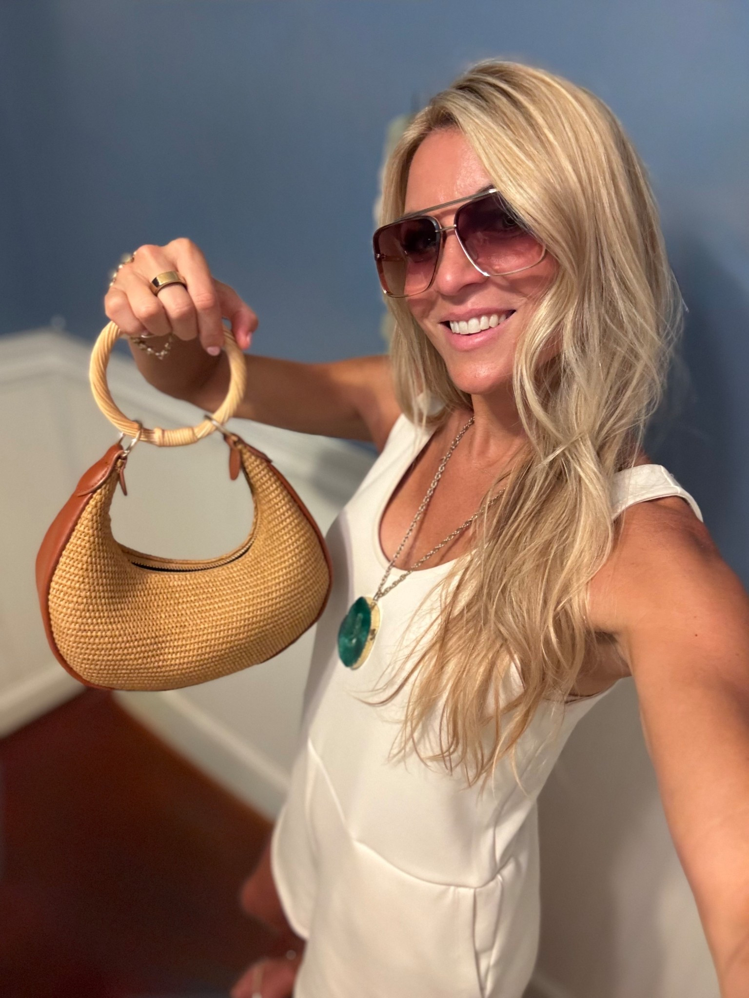 Coziest romper and sandals. This bracelet purse is the best and so convenient! Must have for summer!