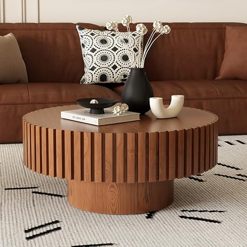 BSYEIO Natural Wood Round Coffee Table for Living Room Circle Coffee Table Wood, Contemporary Coffee Table with Handcrafted Relief Pedestal, Easy Assembly -ø31.5'' | Amazon (US)