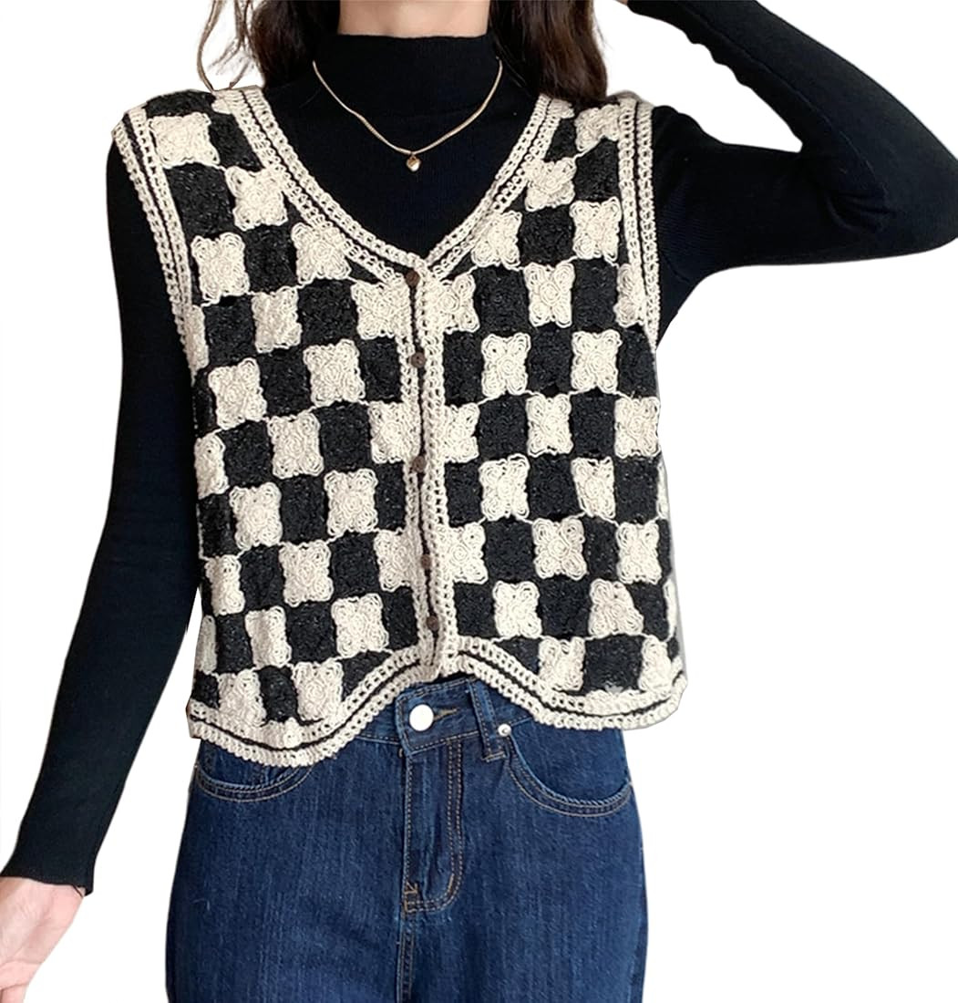 Women’s Sleeveless Knit Sweater Vest Button Down V Neck Hollow Out Checkered Crochet Cardigan C... | Amazon (US)