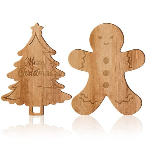 2PCS Merry Christmas Tree & Gingerbread Man Wooden Cutting Board with Handle - Xmas Charcuterie Board for Kitchen, Cheese, Fruit, Bread, Salad, Vegetable, Snack, Dessert | Amazon (US)