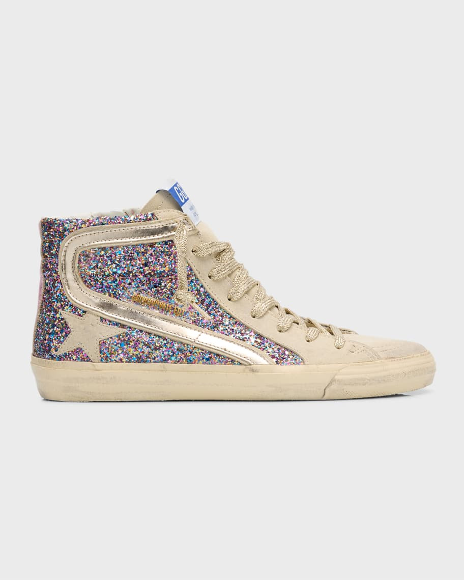 Golden Goose Slide Mid-Top Glitter Multicolor Sneakers | Neiman Marcus