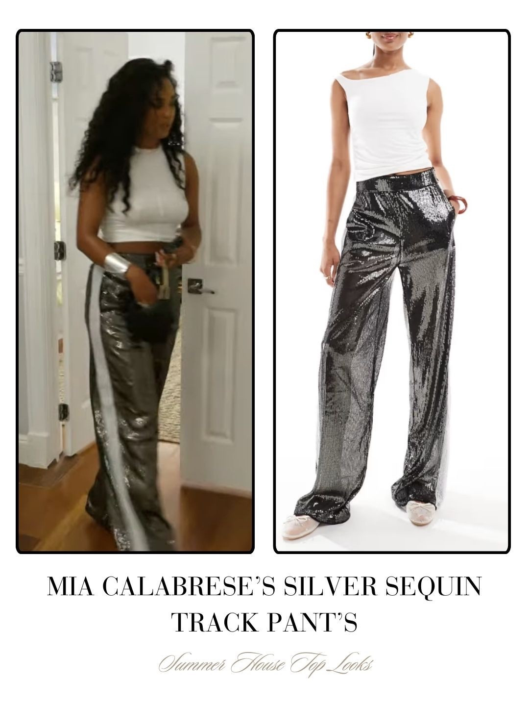 Mia Calabrese’s Silver Sequin Track Pants 