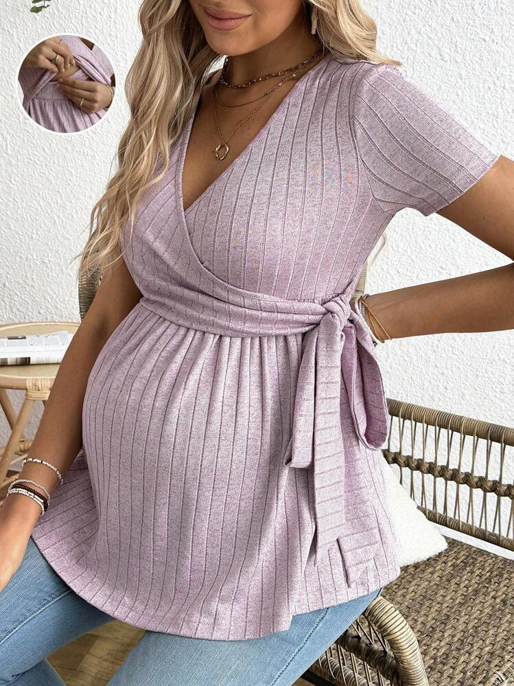 SHEIN Maternity Ditsy Floral Print Knot Side Wrap T-Shirt | SHEIN