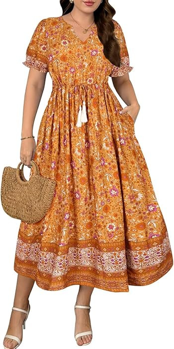 RITERA Plus Size Midi Dress for Women Casual V NeckShort Sleeve Ruffle Flowy Boho Drawstring Tass... | Amazon (US)