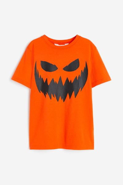 Printed cotton T-shirt - Orange/carved pumpkin - Kids | H&M US | H&M (US + CA)