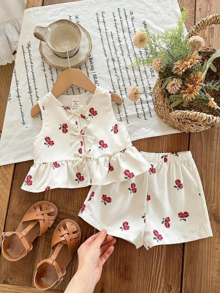 SHEIN LMoss Kids Babygirl Cute Floral Print Camisole And Elastic Waist Shorts Set, Summer | SHEIN
