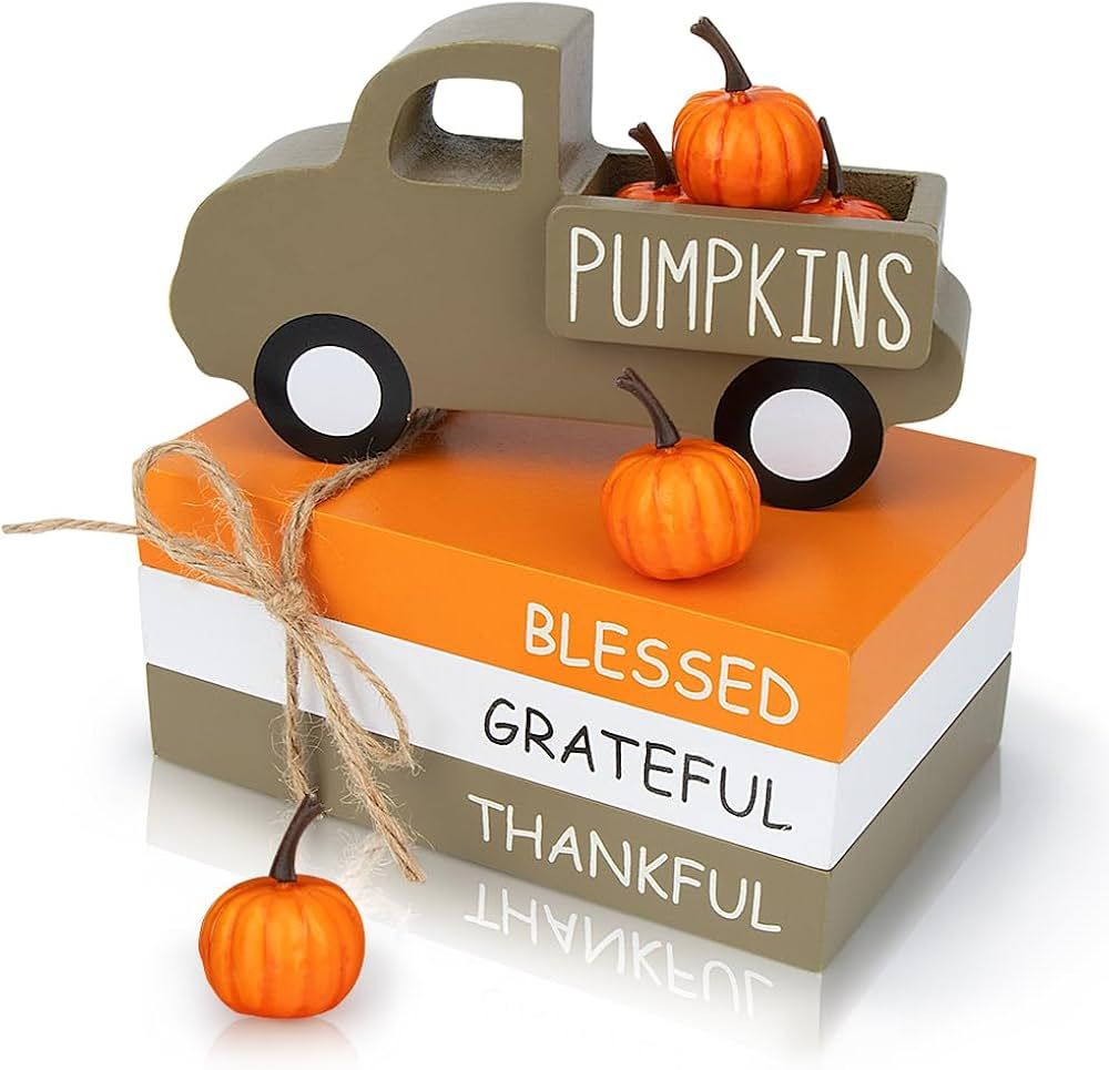 Fall Table Decor, Farmhouse Wooden Fall Signs with Book Stack, 3D Truck and 5 Individual Pumpkins... | Amazon (US)