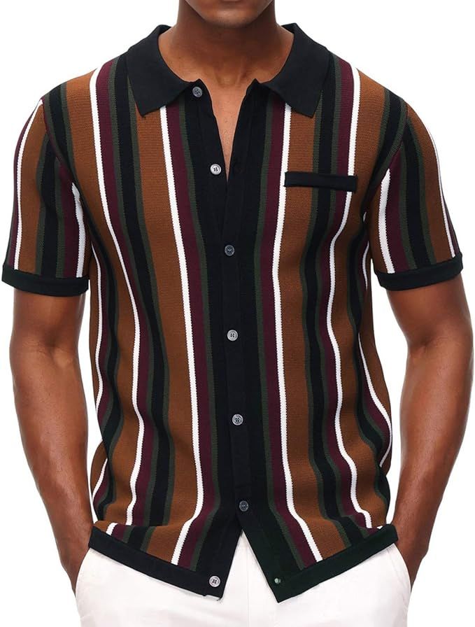 Men’s Short Sleeve Knit Shirt Vintage Stripe Lapel Collar Polo Shirt | Amazon (US)