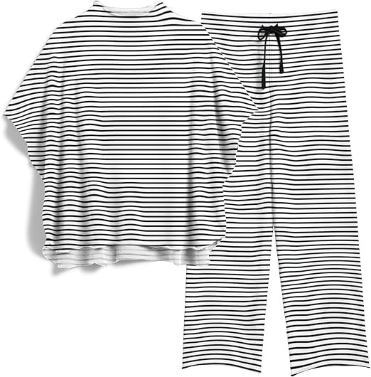 Women's Two Piece Outfits 3/4 Batwing Sleeve Capelet Crew Neck Pullover Top Wide Leg Pants Lounge... | Amazon (US)