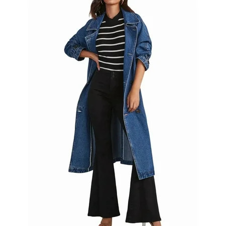Women'S Casual Double Breasted Long Denim Trench Coat Jean Jacket Trenchcoat with Belt Duster Coat Denim Blue L | Walmart (US)