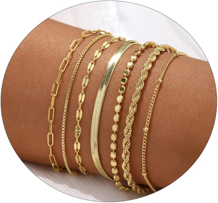 Kyerlyn Gold Bracelets for Women 14K Dainty Gold/Silver Bracelet Stack Trendy Waterproof Gold Pla... | Amazon (US)