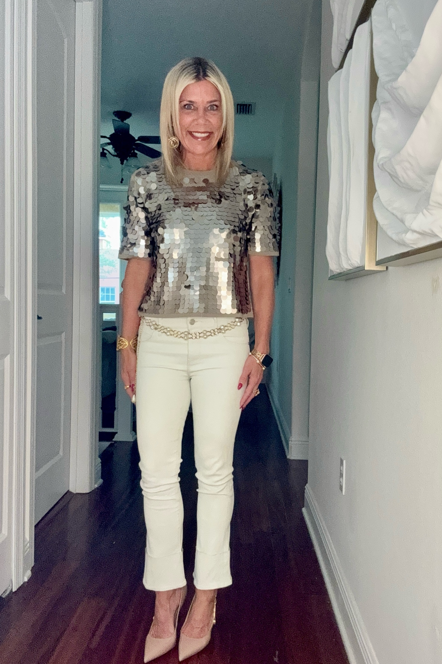 A little holiday sparkle. Nothing like a sequin embellished top to wear for the holidays. I paired this with ivory leather cropped pants and a gold/pearl belt with neutral heels. Definitely wear for Thanksgiving.

#LTKHoliday #LTKStyleTip #LTKOver40