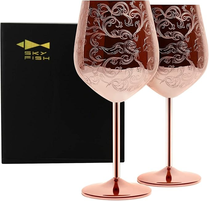 Sky Fish Etched Stainless Steel Wine Glasses With Copper Plated,Set of 2(17oz) Wine Goblets | Amazon (US)
