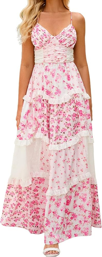 Women Floral Maxi Dress Spaghetti Strap V Neck Patchwork Bohemian Flowy Dresses Summer Fall | Amazon (US)