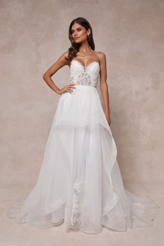 Mine, All Mine White Embroidered Organza Strapless A-Line Gown White Lace Dress | Lulus (US)
