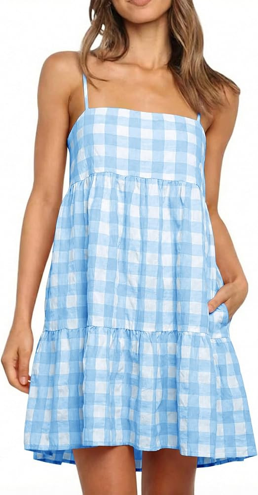 Wenrine Womens Summer Plaid Mini Dress Casual Spaghetti Strap Sleeveless A Line Beach Sundress wi... | Amazon (US)
