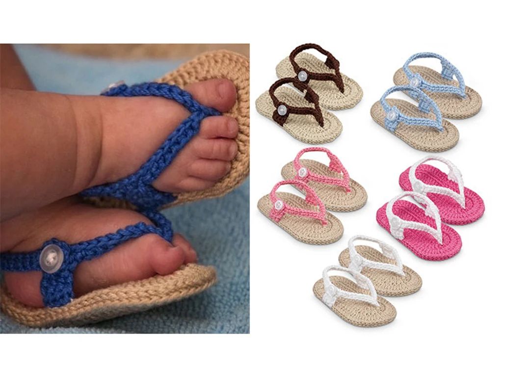 Crib Shoes Hand Crocheted Flip Flop Sandal Knit Booties Blue Pink White Brown Newborn Baby Girls ... | Etsy (US)