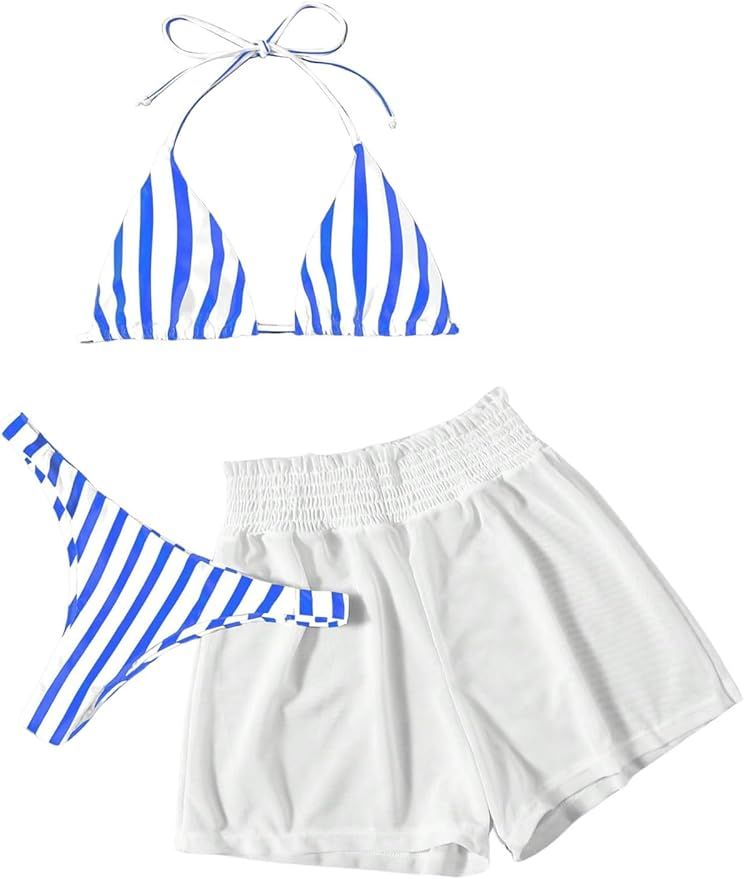 Verdusa Women's 3 Piece Striped Halter Bikini Swimsuit Bathing Suit with Beach Shorts | Amazon (US)