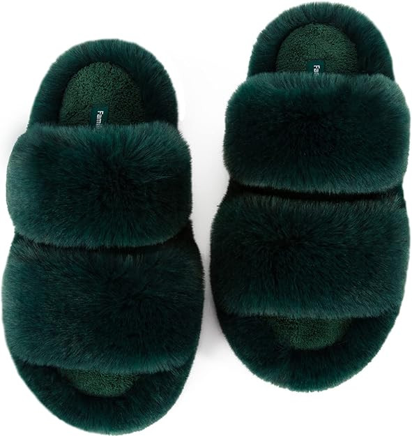 FamilyFairy Women's Fluffy Faux Fur Slippers Comfy Open Toe Two Band Slides with Fleece Lining an... | Amazon (US)