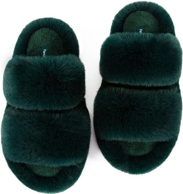 FamilyFairy Women's Fluffy Faux Fur Slippers Comfy Open Toe Two Band Slides with Fleece Lining an... | Amazon (US)