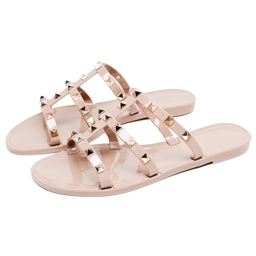 Libbook Studded Sandals for Womens Jelly Shoes Flats Stud Slides Slip On Ladies Dress Beige Jellies Slippers Summer Beach with Rivets Open Toe | Amazon (US)