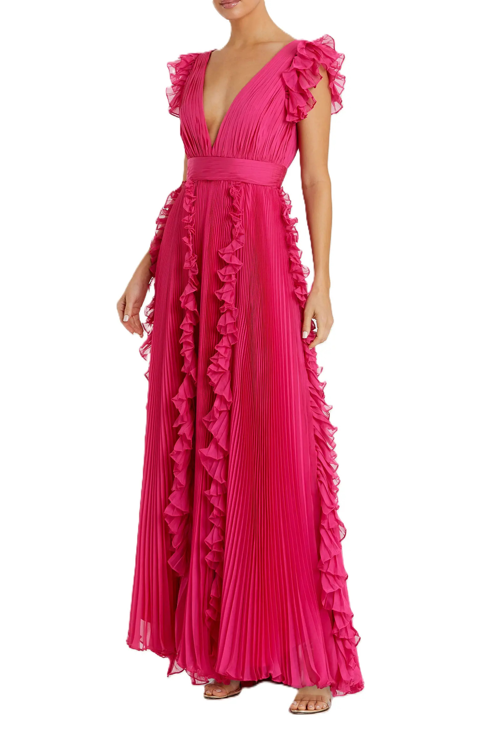 Pleated Ruffle Cap Sleeve Flowy A Line Gown | Nordstrom