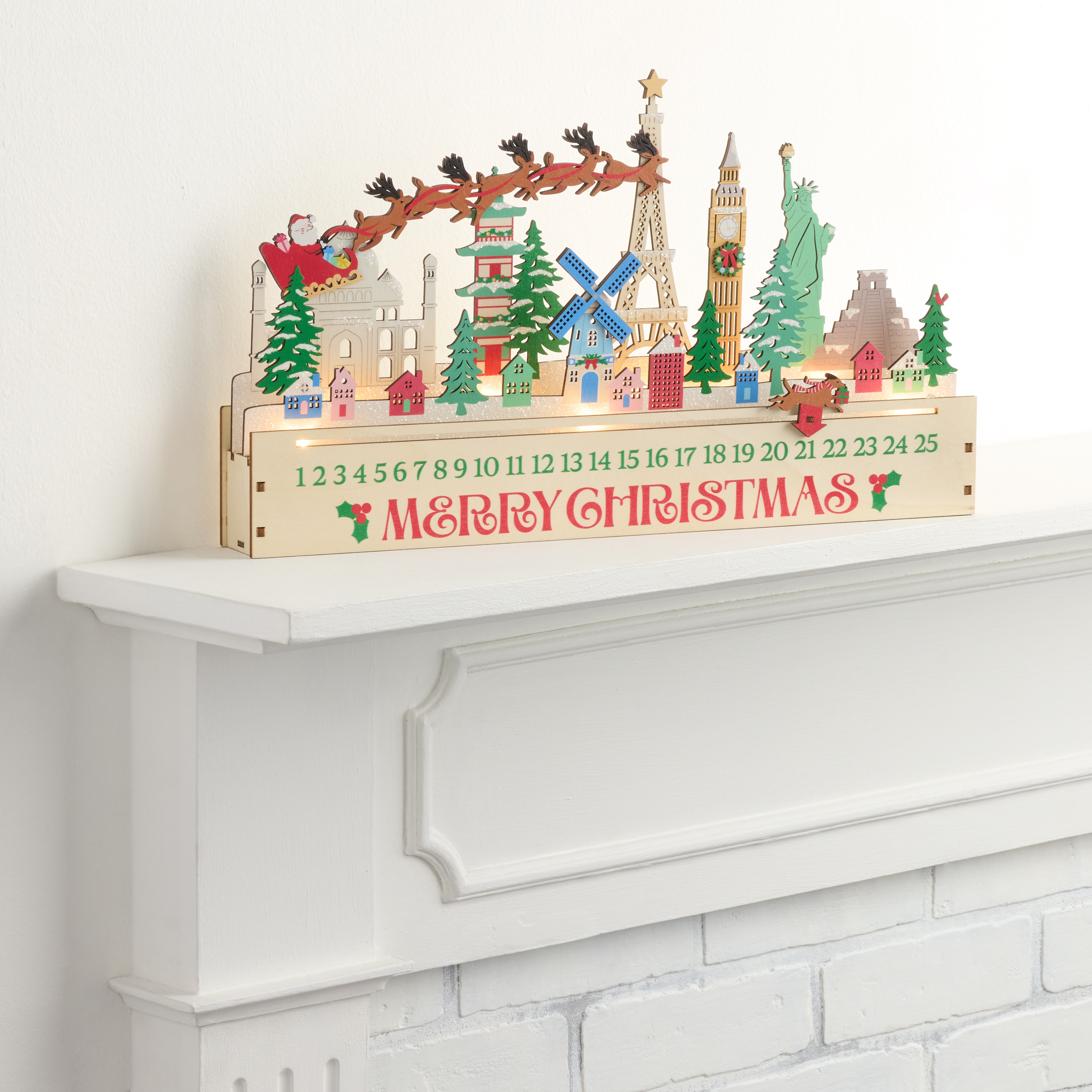 Laser Cut Wood Global Santa LED Light Up Countdown Calendar | World Market