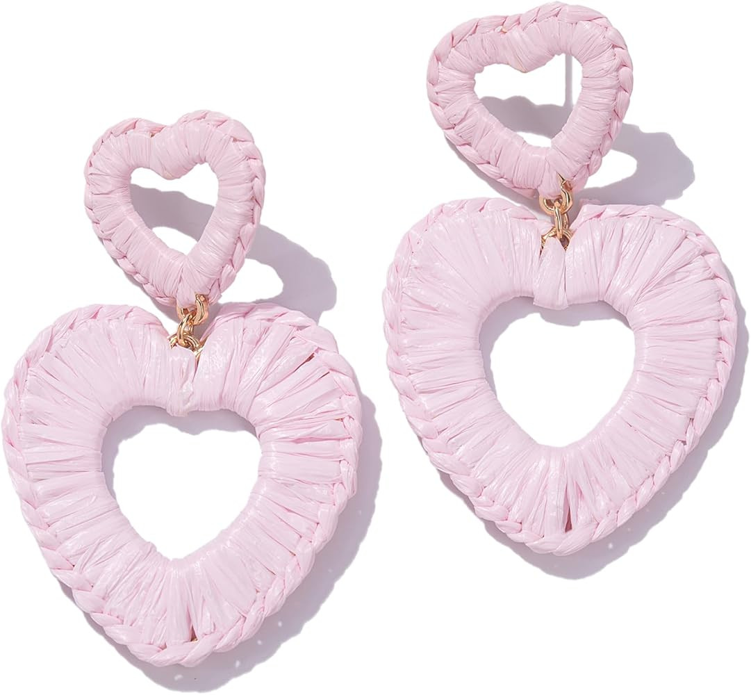 Heart Raffia Earrings Cute Dangle Boho Earrings Statement Handmade Summer Love Jewelry for Women | Amazon (US)