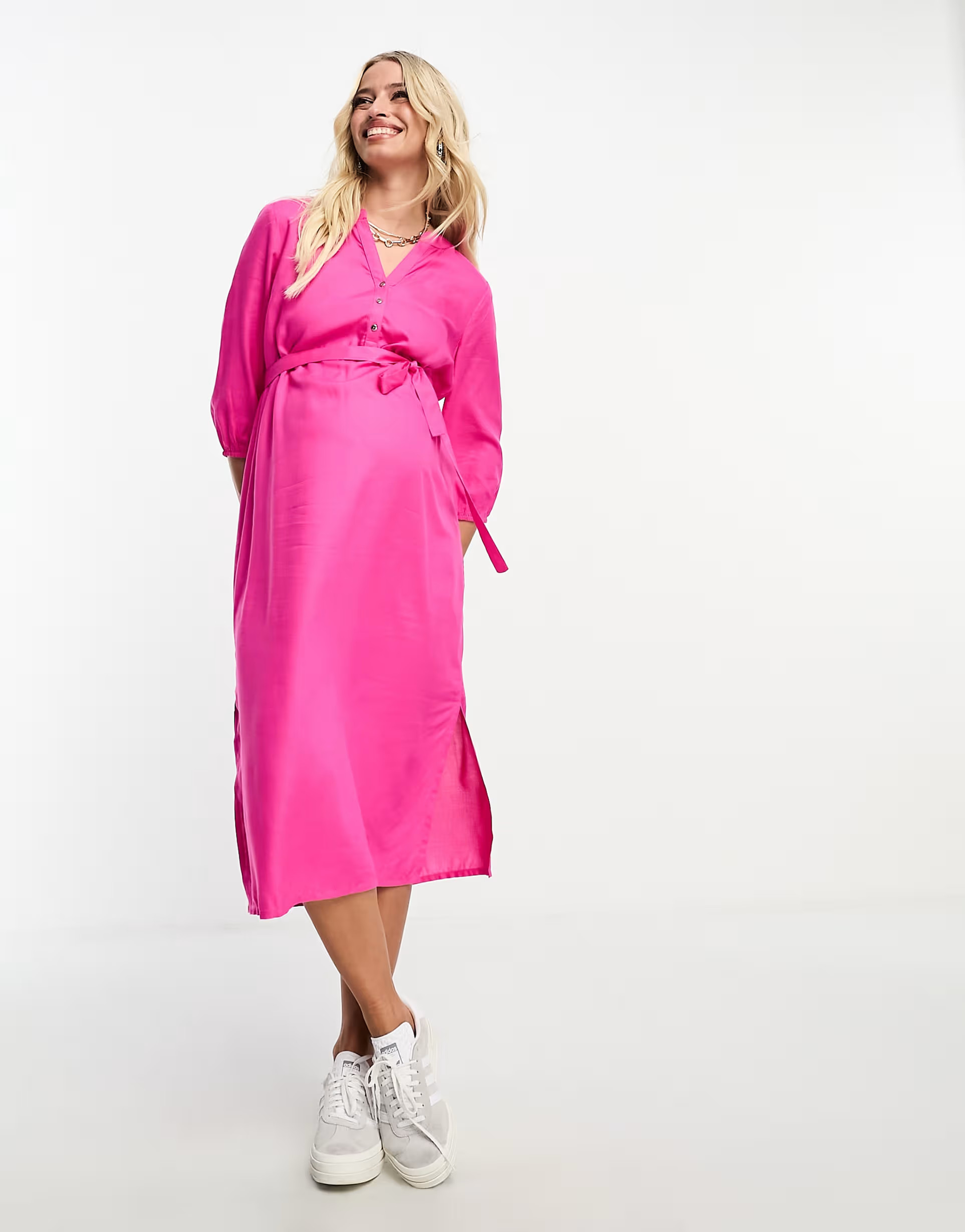 Mamalicious Maternity long sleeve wrap midi dress in pink | ASOS (Global)