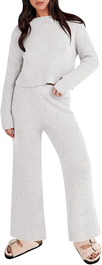 ANRABESS Women's Two Piece Outfits Chunky Knit Fuzzy Sweater Set Long Sleeve Crop Pullover Wide L... | Amazon (US)