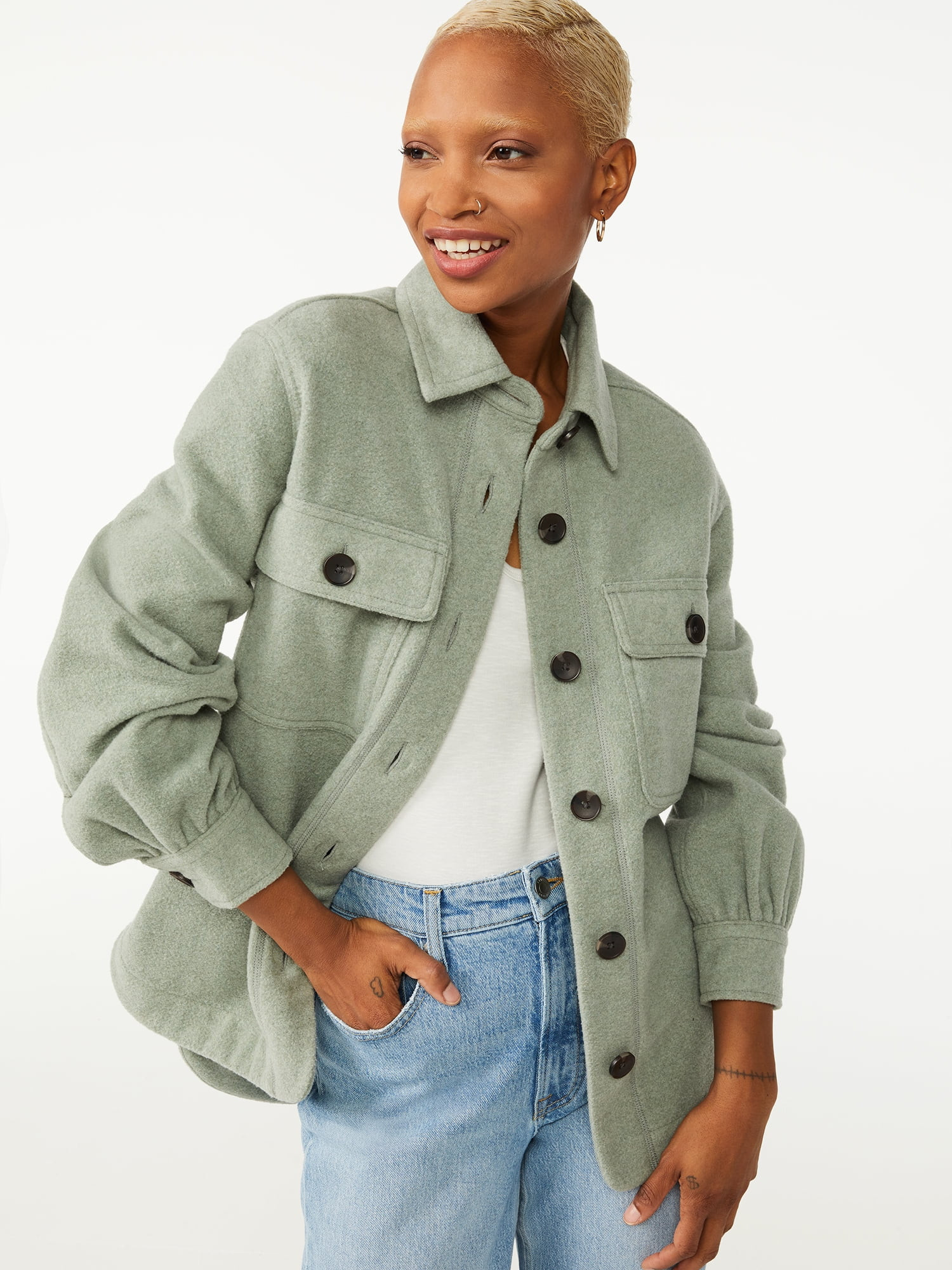 Free Assembly Women's Shirt Jacket with Gathered Sleeves | Walmart (US)