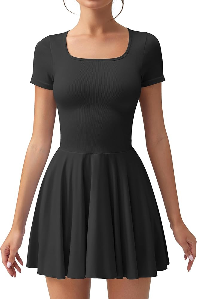 OQQ Women's Square Neck Ruffle Hem Mini Dress Summer Short Sleeve with Shorts Party Dresses | Amazon (US)