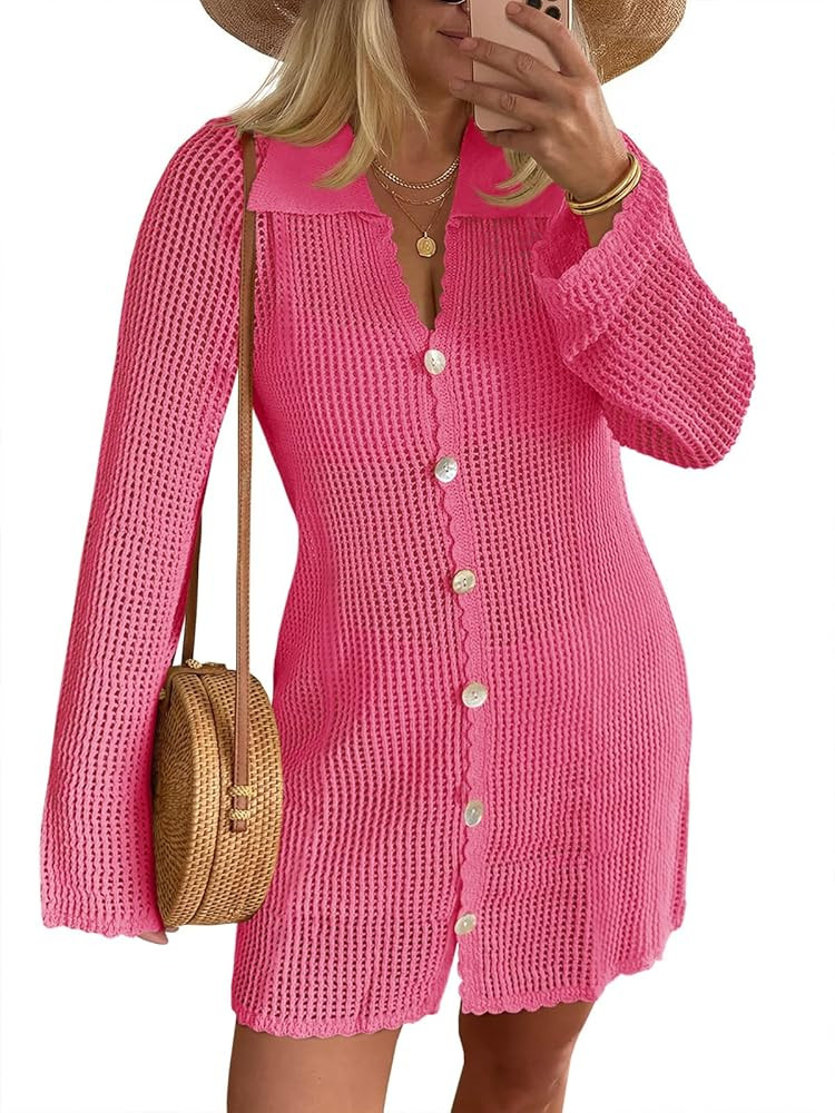 Saodimallsu Womens Crochet Swimsuit Coverup Button Down Long Sleeve Cardigan Mini Dress Beach Cov... | Amazon (US)