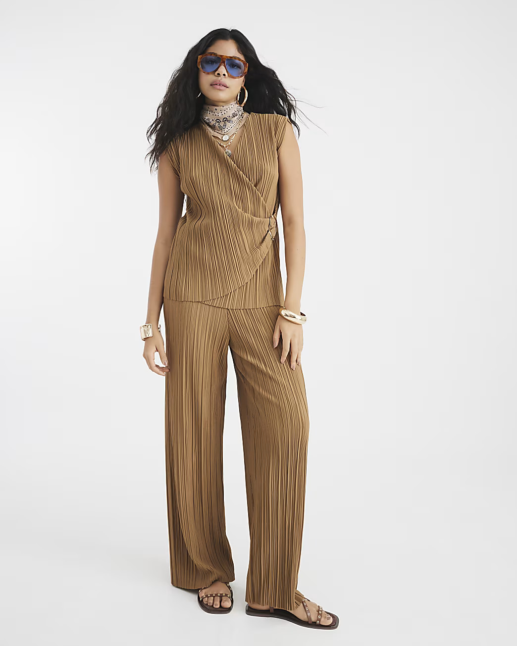 Brown Plisse Wide Leg Trousers | River Island UK & IE