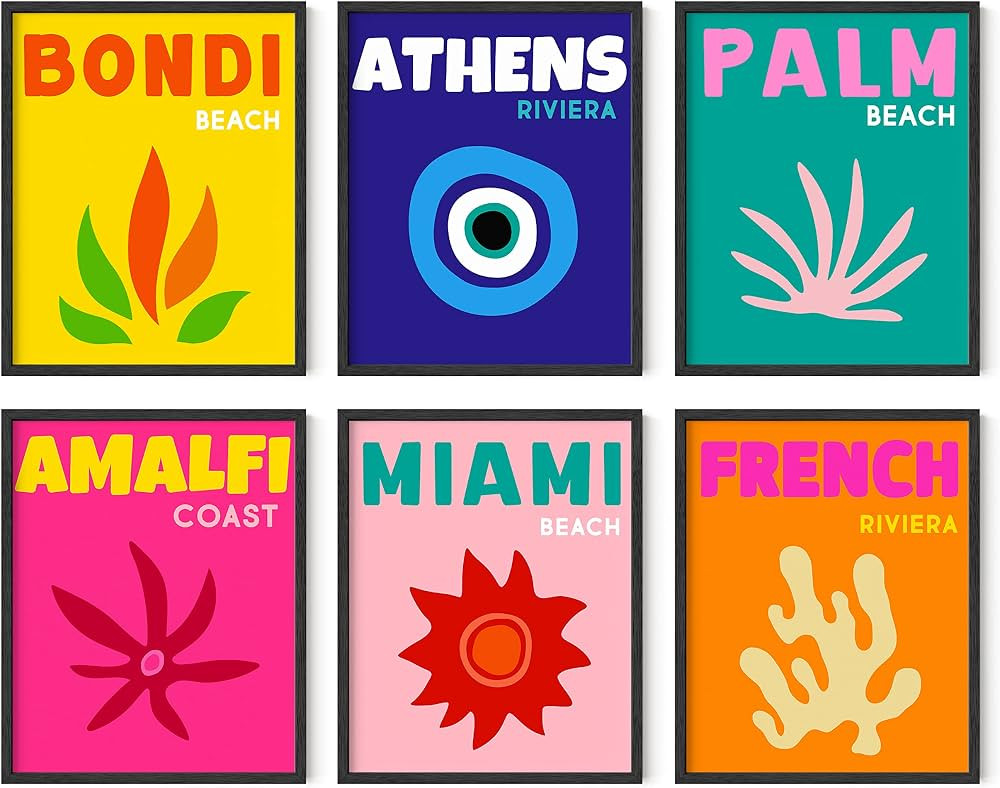 HAUS AND HUES Colorful Framed Wall Art - Set of 6 Trendy Travel Wall Decor, Aesthetic Preppy Room... | Amazon (US)