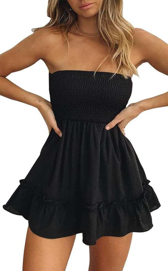 Tube Top Dress for Women Summer Solid Strapless Mini Dresses, Off The Shoudle Ruffle Beach Dress | Amazon (US)
