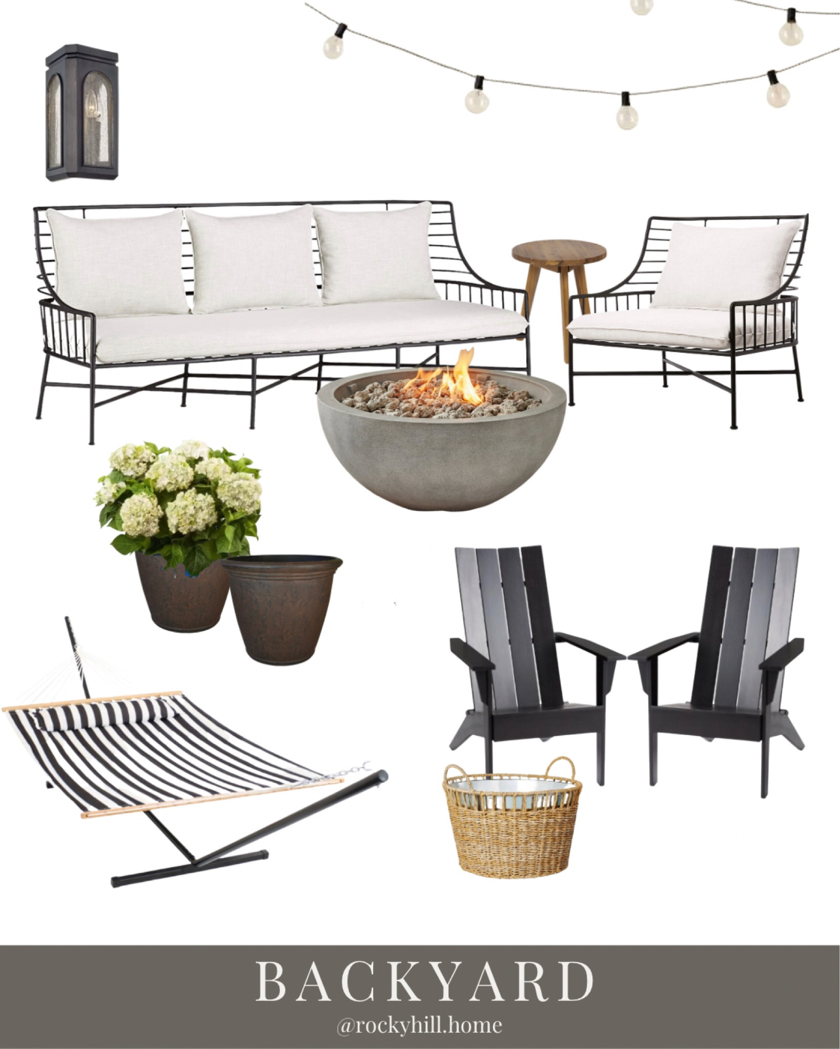 Modern Traditional Patio Design with coordinated backyard furniture, fire pit, hammock, modern Adirondack chairs, beverage tub, planters 

#LTKhome #LTKSeasonal #LTKfamily