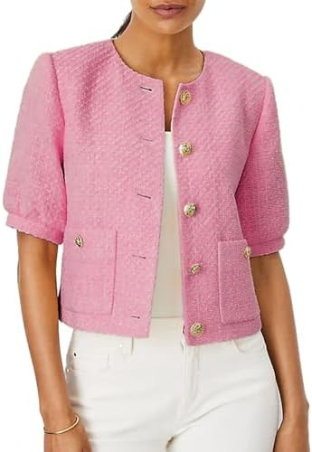 Puff Short Sleeve Tweed Jacket Women Cropped Blazer Summer Open Front Casual Office Work Coat | Amazon (US)