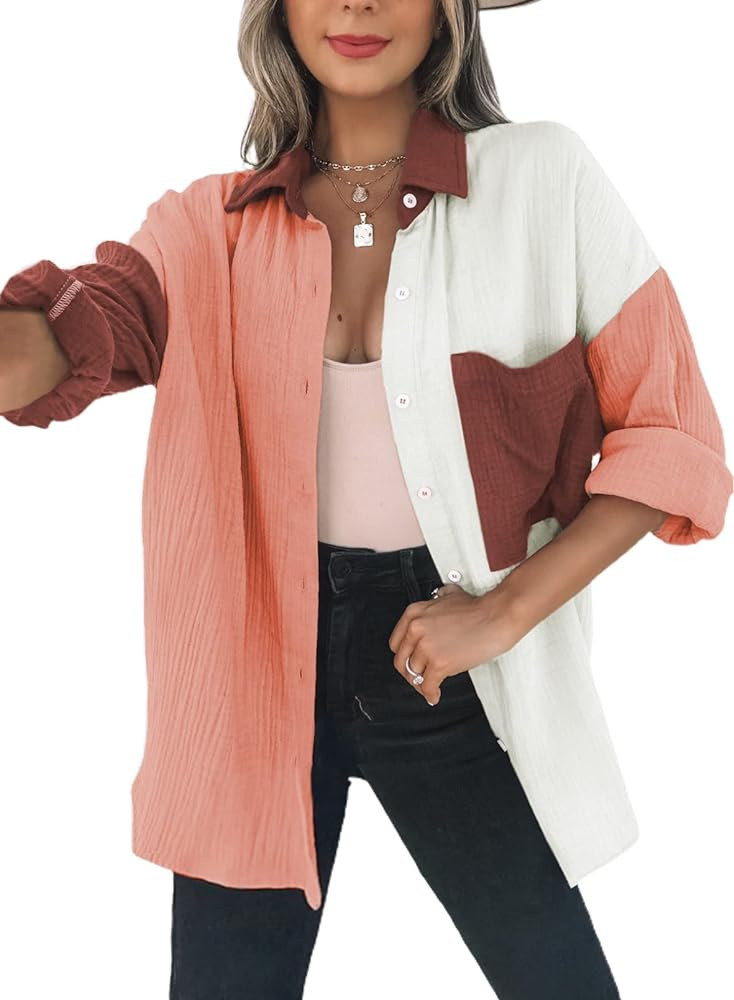 Dokotoo Womens Color Block Button Down Shirts Long Sleeve Oversized Boyfriend Blouses Tops | Amazon (US)