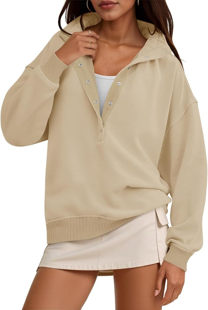 Fisoew Womens Oversized Sweatshirts Casual Long Sleeve Snap Button Henley Neck Loose Fit Fall Pul... | Amazon (US)