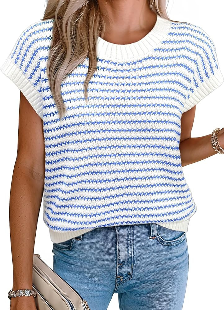 EVALESS Women's Sweater Vest Striped Pullover Tank Top Round Neck Cap Sleeve Lightweight 2026 Sum... | Amazon (US)