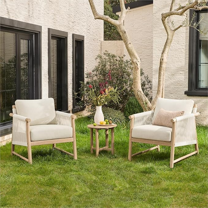 CHITA 3 Pieces Boho Patio Rattan Bistro Set, Outdoor Wicker Chairs & Side Table Set with Acacia W... | Amazon (US)