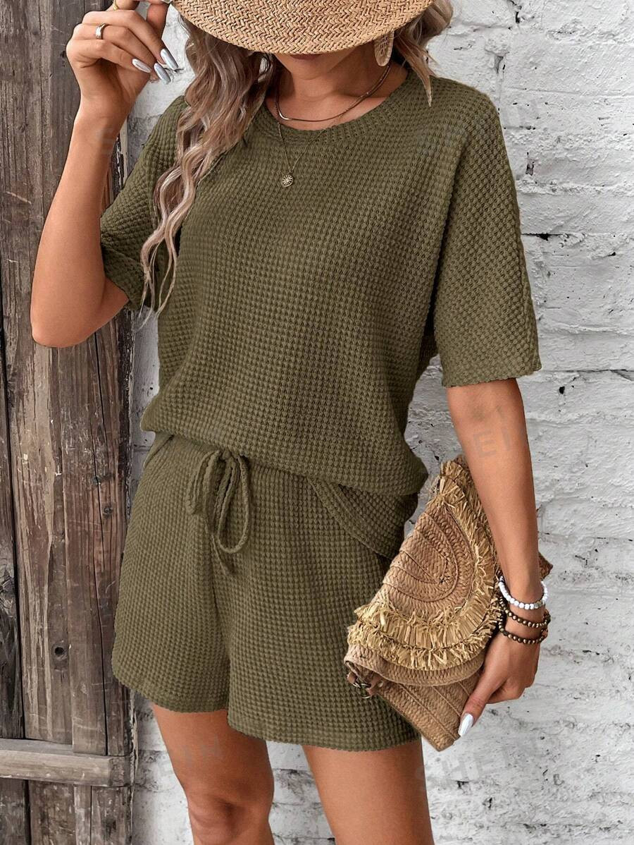 SHEIN Frenchy Conjunto de dos piezas para mujer con top de tela texturizada de unicolor y cuello ... | SHEIN